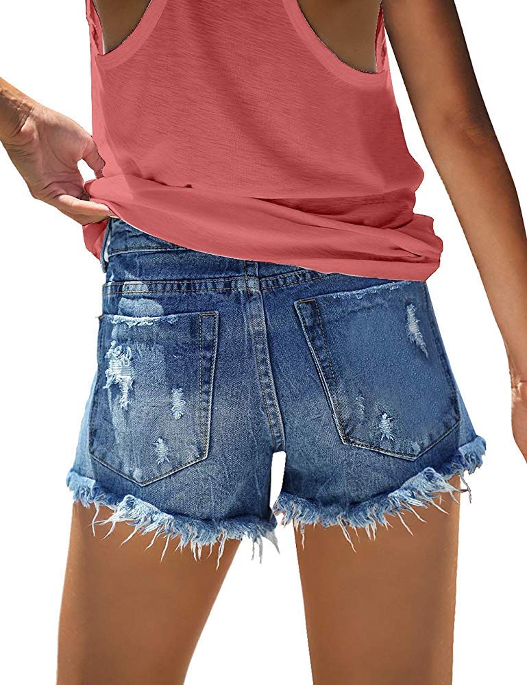 onlypuff Frayed Denim Shorts for Women Mid Rise Casual Summer Hot Pants Dark Blue XL - Image 3